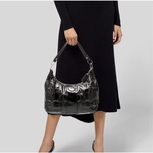 Coach Patent Leather Hobo Monogram Shoulder Bag. Black. Silver Hardware. Gorgeou